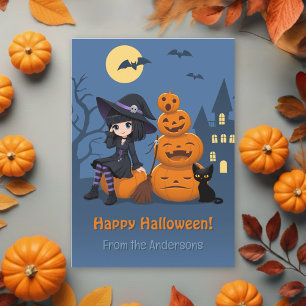 Cartes Pour Fêtes Annuelles Sorcière d'Halloween, Chat Noir, Citrouilles de Fa