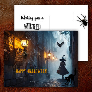 Cartes Pour Fêtes Annuelles Sorcière éffrayante Allée avec Chat Wicked Hallowe