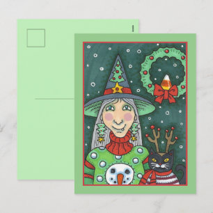 CARTES POUR FÊTES ANNUELLES SORCIÈRE EN TRICOT DE BONHOMME DE NEIGE, CHAT NOIR
