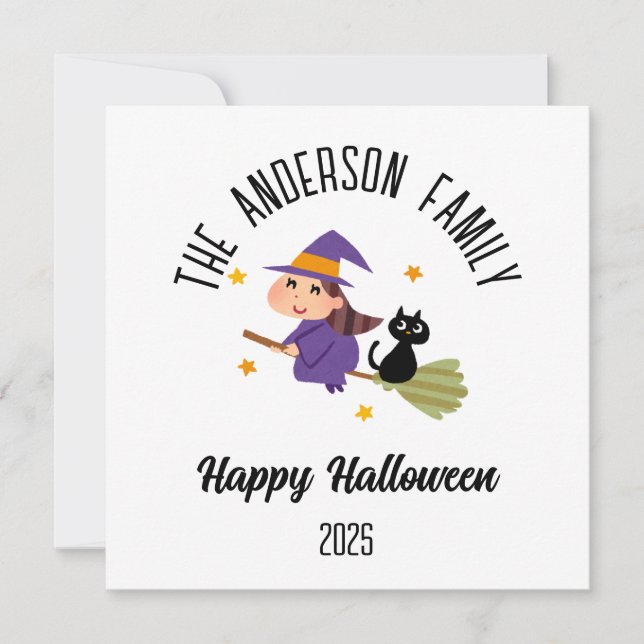Cartes Pour Fêtes Annuelles Sorcière mignonne d'Halloween sur un balai Nom per (Devant)