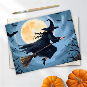 Cartes Pour Fêtes Annuelles Sorcière sur un balai   Bonne Halloween Peint