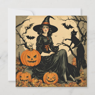 Cartes Pour Fêtes Annuelles Sorcière vintage Halloween, Citrouille, Chat noir,