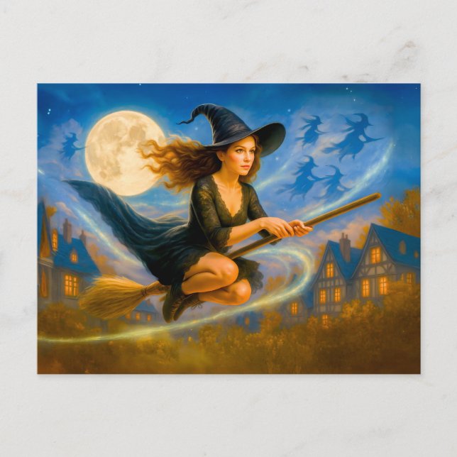 Cartes Pour Fêtes Annuelles Sorcière volante au-dessus des toits du village so (Devant)