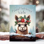 Cartes Pour Fêtes Annuelles Souhaits de Noël cosy Winter Wonderland Alpaca<br><div class="desc">Cette adorable carte de voeux de vacances présente une mignonne illustration d'alpaga portant une couronne fleurie festive de saints, de pins et de baies, avec des flocons de neige tombant doucement contre un arrière - plan de forêt des terres merveilleuses en hiver. Le petit alpaga survole le rond enneigé pour...</div>