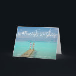 Cartes Pour Fêtes Annuelles Souhaits les plus chauds Elegance Beach Photo Noël<br><div class="desc">Envoyez des réjouissances de vacances avec cette carte de Noël à thème nautique pliée avec un design simple avec les mots "souhaits les plus chauds" dans un élégant script blanc mince, avec votre message sur votre photo de vacances horizontale préférée de plage. Ajoutez votre message personnel à l'intérieur ou supprimez...</div>