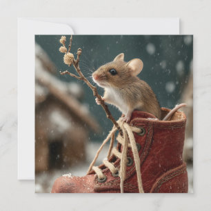 Cartes Pour Fêtes Annuelles Souris adorable dans une petite botte dans la neig