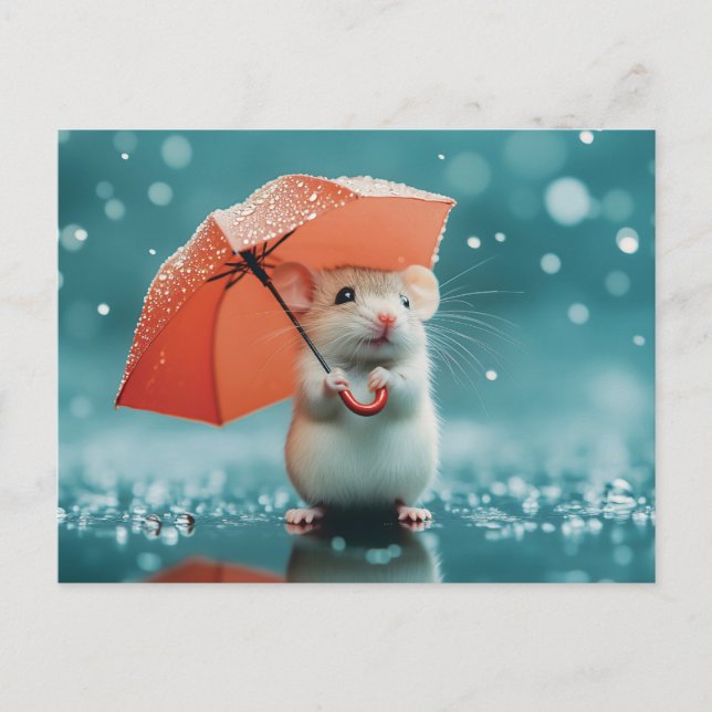 Cartes Pour Fêtes Annuelles Souris avec parapluie dans la pluie : belle scène  (Devant)