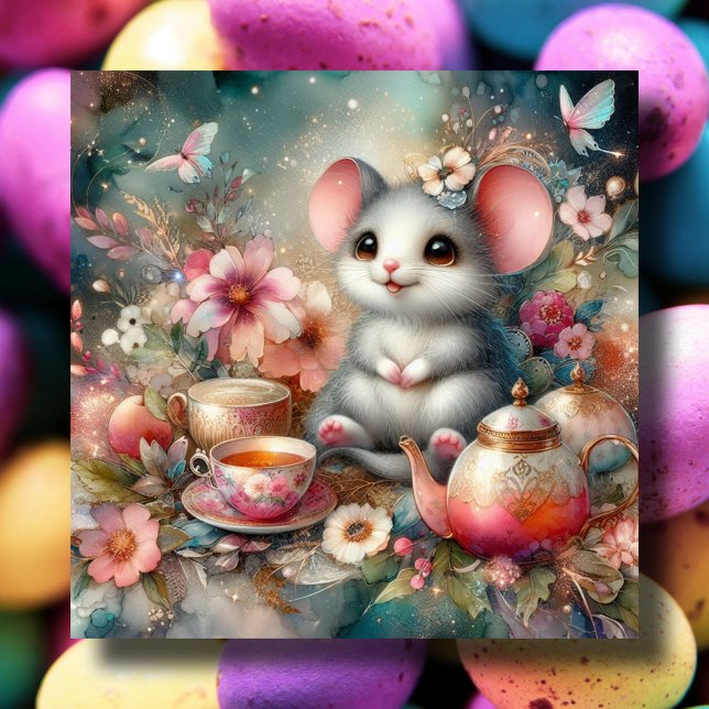Cartes Pour Fêtes Annuelles Souris d'aquarelle gaie Floral Pâques Tea Party (Créateur téléchargé)