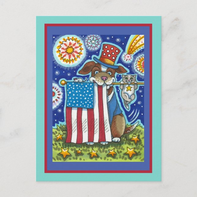 CARTES POUR FÊTES ANNUELLES SOURIS DE CHIEN À CHIEN PATRIOTIQUE À DRAPEAU, CUI (Devant)