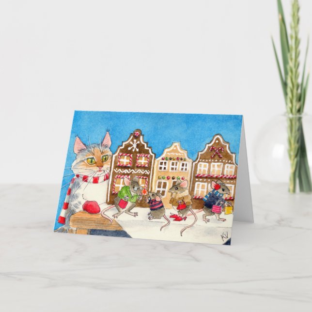 Cartes Pour Fêtes Annuelles Souris de Noël et chat (Devant)