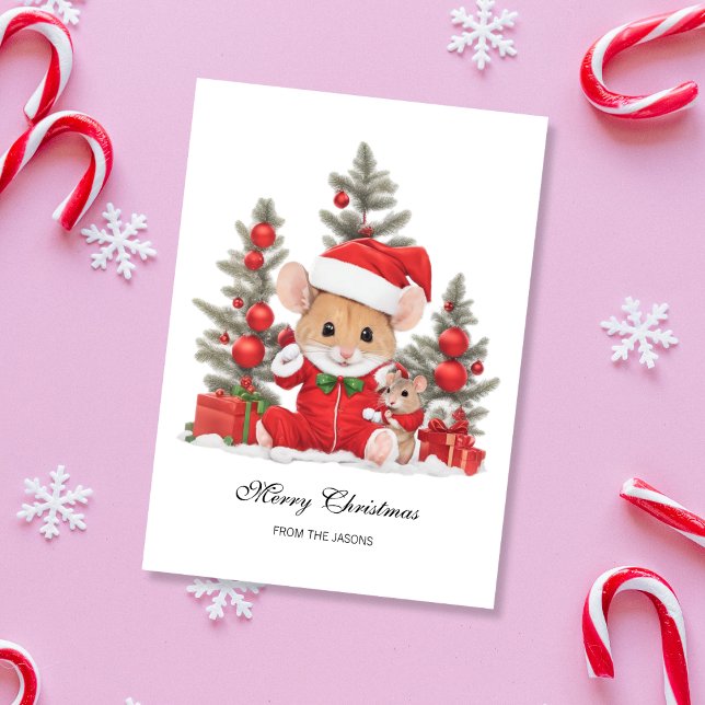 Cartes Pour Fêtes Annuelles Souris de Noël mignonne avec Casquette rouge Perso (Cute Christmas Mouse with Red Santa Hat Holiday Card)