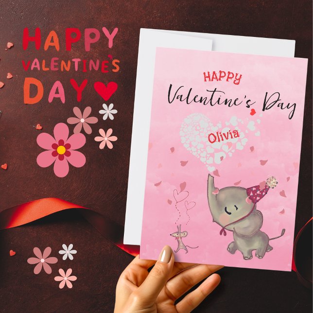 Cartes Pour Fêtes Annuelles Souris Eléphante Cute Valentine rose (Cute Elephant Mouse Valentine Pink Holiday Card )