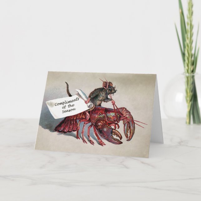 Cartes Pour Fêtes Annuelles Souris victorienne chevauchant un homard (Devant)