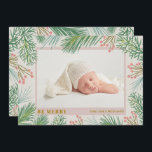 Cartes Pour Fêtes Annuelles Soyez Joyeux Noël Photo Annonces de naissance<br><div class="desc">Les annonces de naissance pour les fêtes de fin d'année sont agrémentées de votre photo préférée de nouveau-né avec une bordure de pins et de baies, le nom de votre bébé, les statistiques de naissance et les noms des parents dans n'importe quelle police et couleur de police. Changez la couleur...</div>