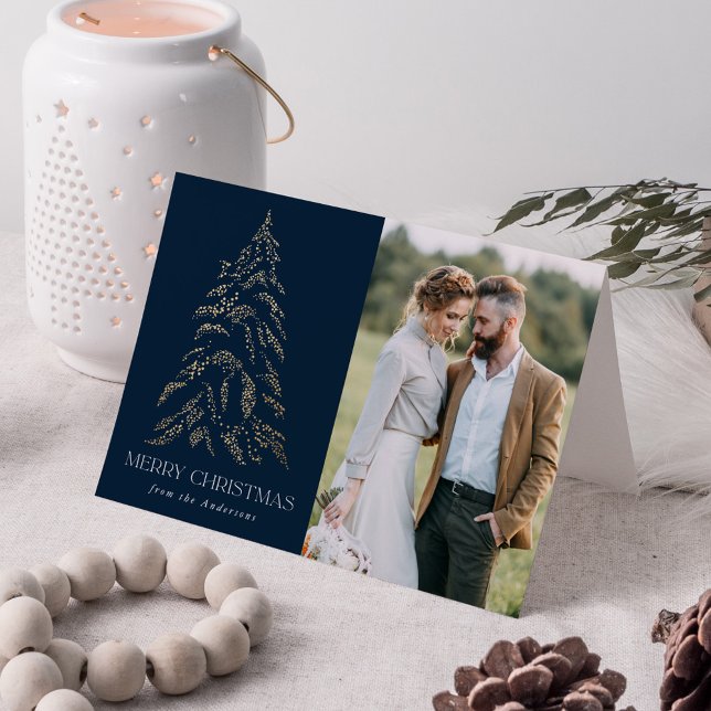 Cartes Pour Fêtes Annuelles Sparking Winter Pine Navy Joyeux Noël 2 Photo (Créateur téléchargé)
