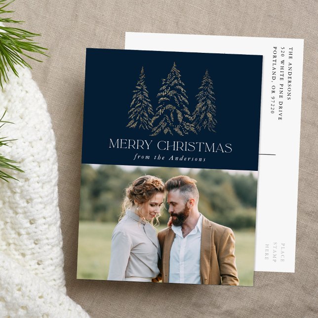 Cartes Pour Fêtes Annuelles Sparking Winter Pine Navy Joyeux Noël Photo (Créateur téléchargé)