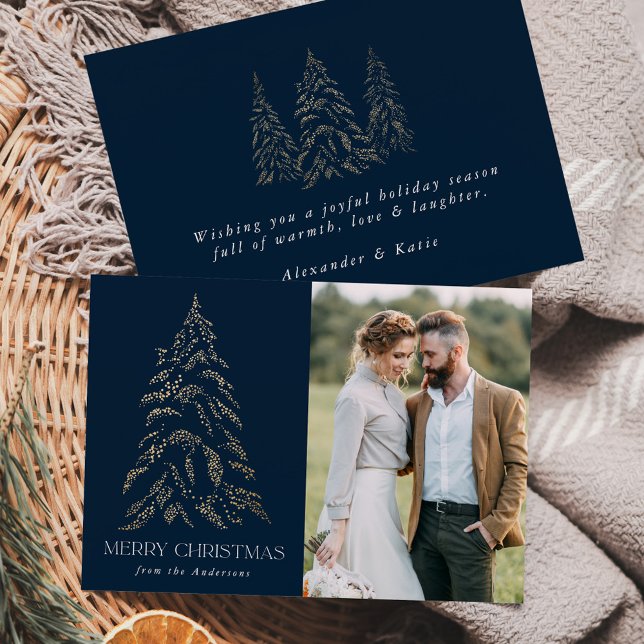 Cartes Pour Fêtes Annuelles Sparking Winter Pine Navy Joyeux Noël Photo (Créateur téléchargé)