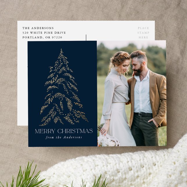 Cartes Pour Fêtes Annuelles Sparking Winter Pine Navy Joyeux Noël Photo (Créateur téléchargé)