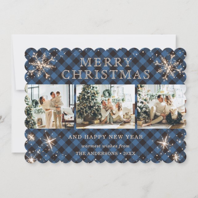 Cartes Pour Fêtes Annuelles Sparkly Snowflake Blue Buffalo Plaid Photo Collage (Devant)