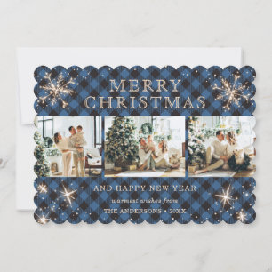 Cartes Pour Fêtes Annuelles Sparkly Snowflake Blue Buffalo Plaid Photo Collage