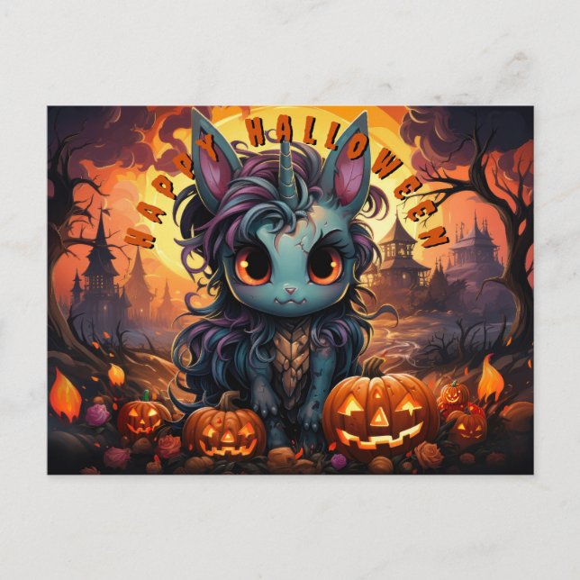 Cartes Pour Fêtes Annuelles Spoky Halloween Unicorn dans le patch Citrouille (Devant)