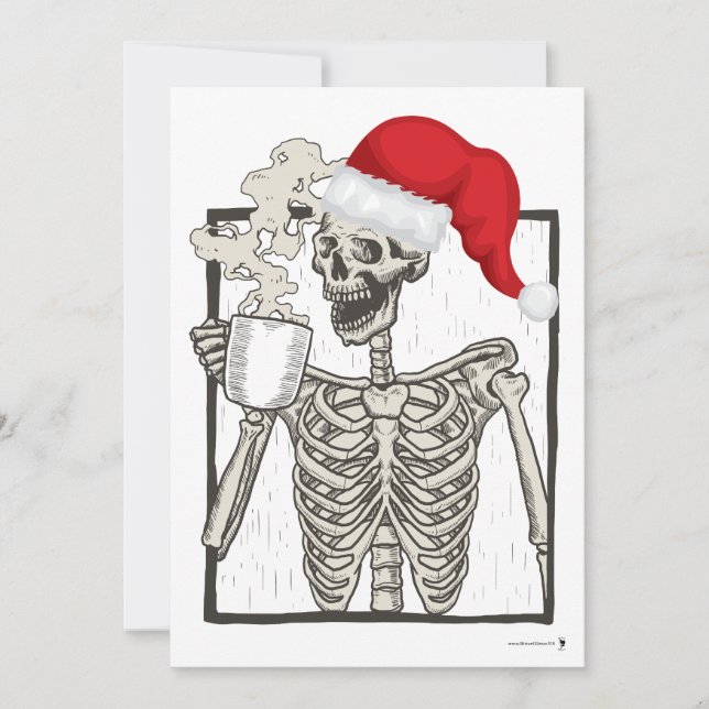 Cartes Pour Fêtes Annuelles Squelette Boire et porter un chapeau de Père Noël (Devant)