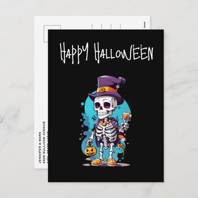 Cartes Pour Fêtes Annuelles Squelette cool dans un Halloween de chapeau haut d (Devant / Derrière)
