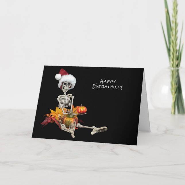 Cartes Pour Fêtes Annuelles Squelette d'Halloween avec casquette de Noël (Devant)