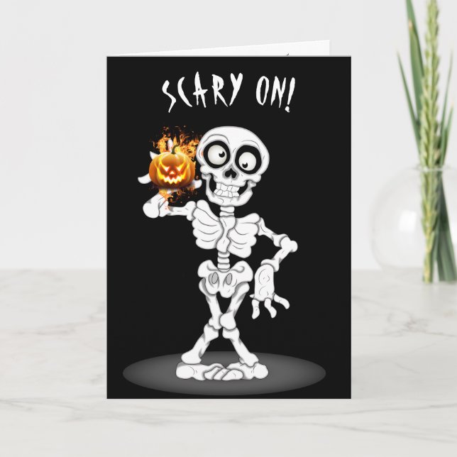 Cartes Pour Fêtes Annuelles Squelette d'Halloween tenant une citrouille Jack-o (Devant)