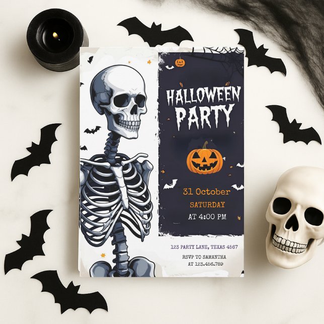 Cartes Pour Fêtes Annuelles "Squelette Éffrayant Halloween Party (Créateur téléchargé)