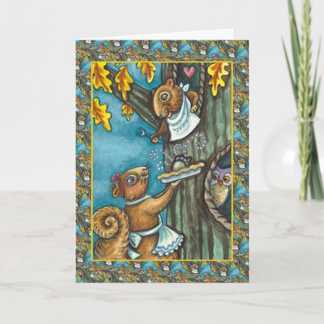 CARTES POUR FÊTES ANNUELLES SQUIRRELS & OWL THANKSGIVING, MAISON ACORN PIE (Devant)