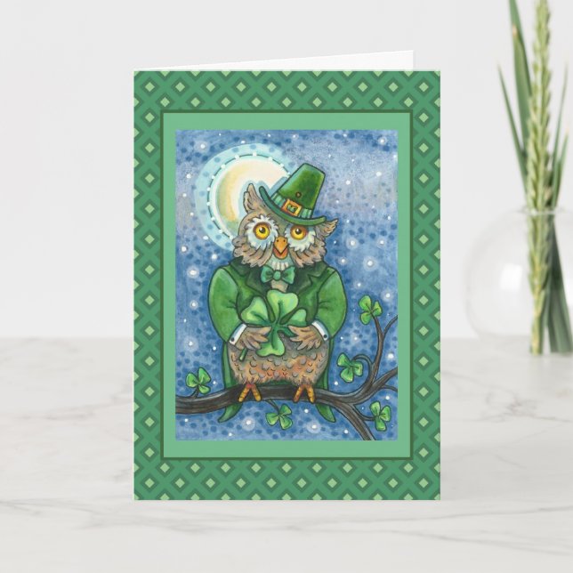 CARTES POUR FÊTES ANNUELLES ST. PATRICK'S DAY OWL, 4 HORLOGE LEPRECHAUN (Devant)