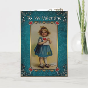 Cartes Pour Fêtes Annuelles St-Valentin. Petite fille en bleu avec une lettre