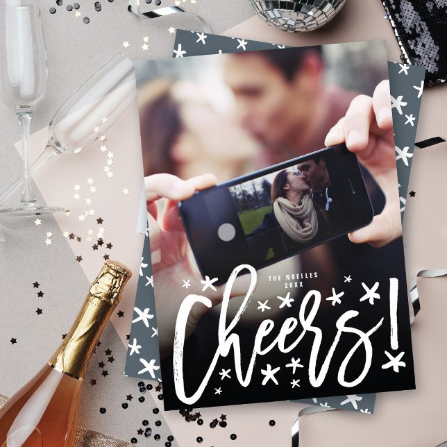 Cartes Pour Fêtes Annuelles Starry Cheers Brush Script Moderne Photo du Nouvel (Créateur téléchargé)