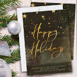Cartes Pour Fêtes Annuelles Starry Winter Night Happy Holidays Gold Script<br><div class="desc">Soirée d'hiver Happy Holidays Carte de Noël avec élégante calligraphie en écriture or. Ce design chic et moderne allie des touches d'aquarelle, des étoiles dorées, un éclat d'étoile, de la poussière d'or et une forêt brumeuse. Il est écrit à la main avec Happy Holidays et le modèle est mis en...</div>