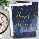 Cartes Pour Fêtes Annuelles Starry Winter Night Joyeuses Vacances Bleu et Or<br><div class="desc">Soirée d'hiver Happy Holidays Carte de Noël avec élégante calligraphie en écriture or. Ce design chic et moderne allie touches bleu aquarelle, étoiles dorées, lumière étoilée, poussière d'or et forêt brumeuse. Il est écrit à la main avec Happy Holidays et le modèle est mis en place pour vous afin d'ajouter...</div>