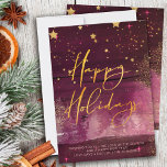 Cartes Pour Fêtes Annuelles Starry Winter Night Joyeuses Vacances Ruby Gold<br><div class="desc">Étoile nuit d'hiver Joyeuses Fêtes de Noël carte avec élégante calligraphie en écriture d'or. Ce design chic et moderne allie des touches d'aquarelle de rubis, des étoiles dorées, des lumières d'étoile, de la poussière d'or et une forêt brumeuse. Il est écrit à la main avec Happy Holidays et le modèle...</div>
