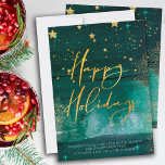 Cartes Pour Fêtes Annuelles Starry Winter Night Joyeuses Vacances Vert Or<br><div class="desc">Étoile nuit d'hiver Joyeuses Fêtes de Noël carte avec élégante calligraphie en écriture d'or. Ce design chic et moderne allie touches vert aquarelle, étoiles dorées, lumière étoilée, poussière d'or et forêt brumeuse. Il est écrit à la main avec Happy Holidays et le modèle est mis en place pour vous afin...</div>