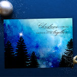 Cartes Pour Fêtes Annuelles Starry Winter Night with Stars, Pine & Christmas T<br><div class="desc">De magnifiques pins élégants en silhouette contre un arrière - plan de ciel étoilé bleu profond d'hiver avec une étoile brillante unique et une citation de Noël avec des graphiques en texte personnalisé et des champs de texte modifiables. Le dossier présente des bois complémentaires dans des champs de texte modifiables...</div>