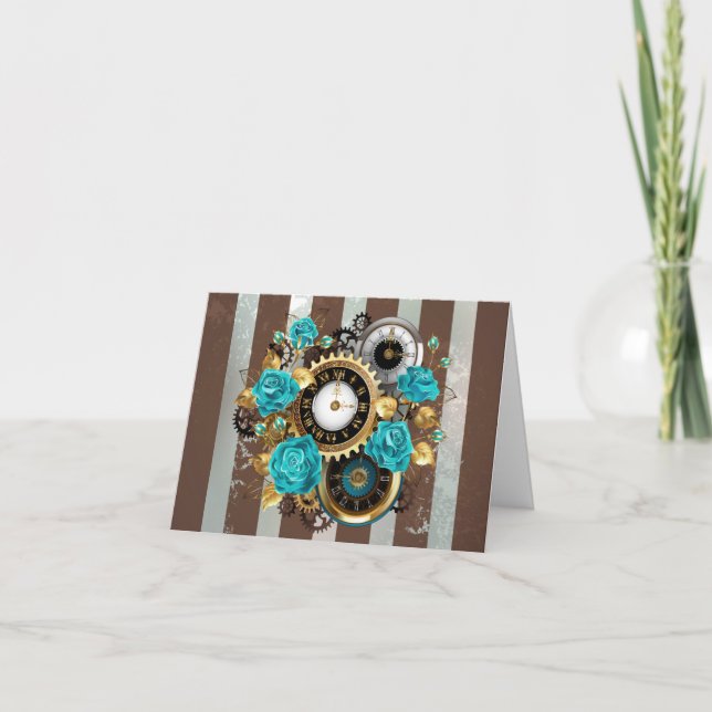 Cartes Pour Fêtes Annuelles Steampunk Clock and Turquoise Roses on Striped (Devant)