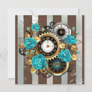 Cartes Pour Fêtes Annuelles Steampunk Clock and Turquoise Roses on Striped