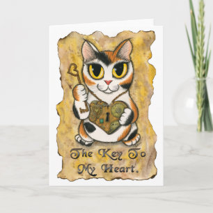 Cartes Pour Fêtes Annuelles Steampunk Valentine Cat Heart Locket Key Art Card