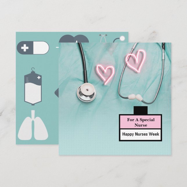 Cartes Pour Fêtes Annuelles  Stethoscope Et Uniforme Bonne Semaine Des Infirmi (Devant / Derrière)
