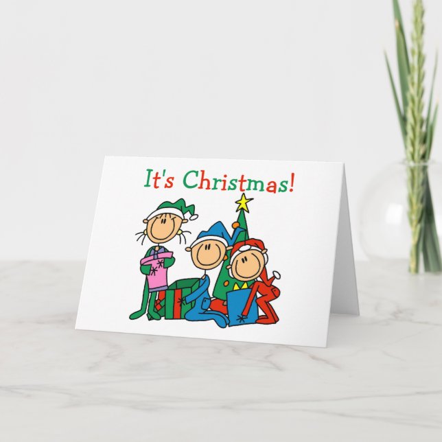 Cartes Pour Fêtes Annuelles Stick Figure Enfants C'est Noël Tshirts et cadeaux (Devant)