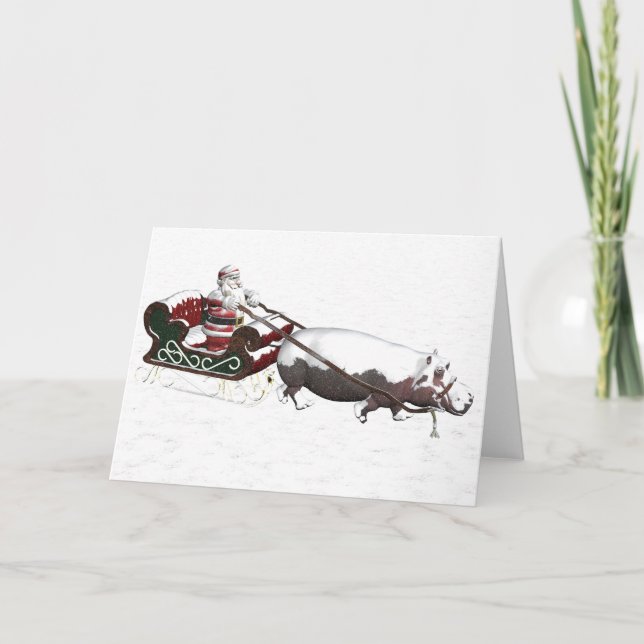Cartes Pour Fêtes Annuelles Straîne Père Noël Pullée Par Hippopotame (Devant)