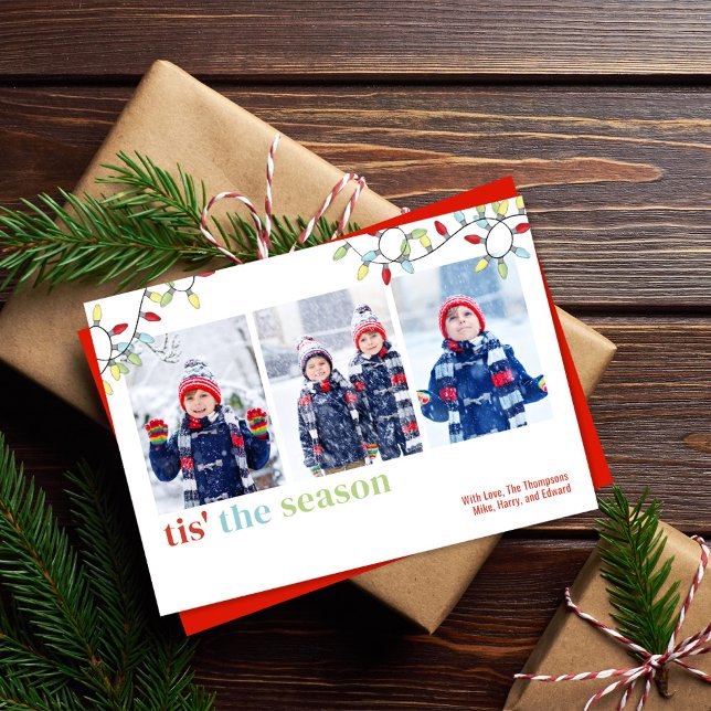 Cartes Pour Fêtes Annuelles String Lights Christmas Photo Card Multi Photo (Tis the season holiday photo card with colorful string lights)