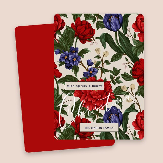 Cartes Pour Fêtes Annuelles Style Botanique RougeJoyeux Noël Floral Script (Créateur téléchargé)