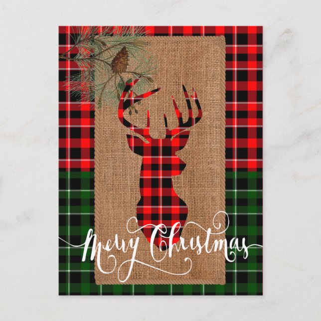 Cartes Pour Fêtes Annuelles Style cabine - Une tête de cerf sur Burlap & Plaid (Devant)