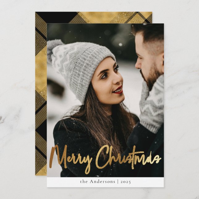 Cartes Pour Fêtes Annuelles Style moderne Black Gold Plaid Photo de Noël (Devant / Derrière)