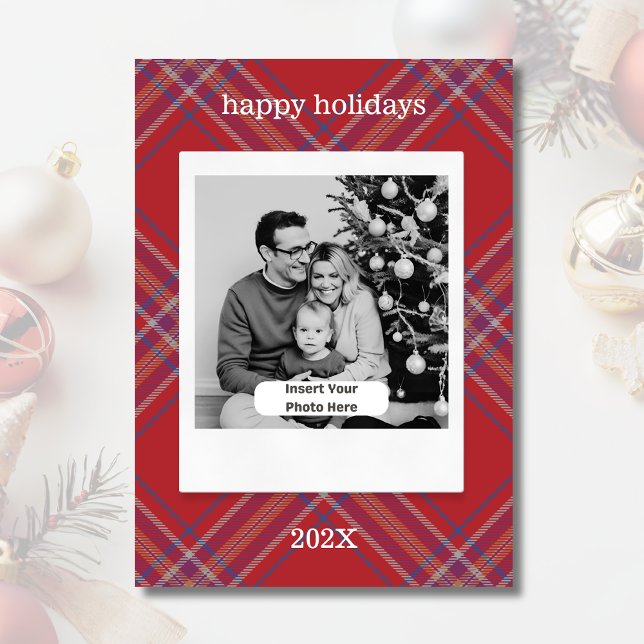 Cartes Pour Fêtes Annuelles Style photo rétro Plaid Noël personnalisé (Modern Retro Photo Style Personalized Flat Christmas Card. Red Tartan.)